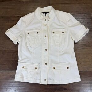 WHITE HOUSE BLACK MARKET Short Sleeve Utility Jacket Cream Gold Button Size 12
